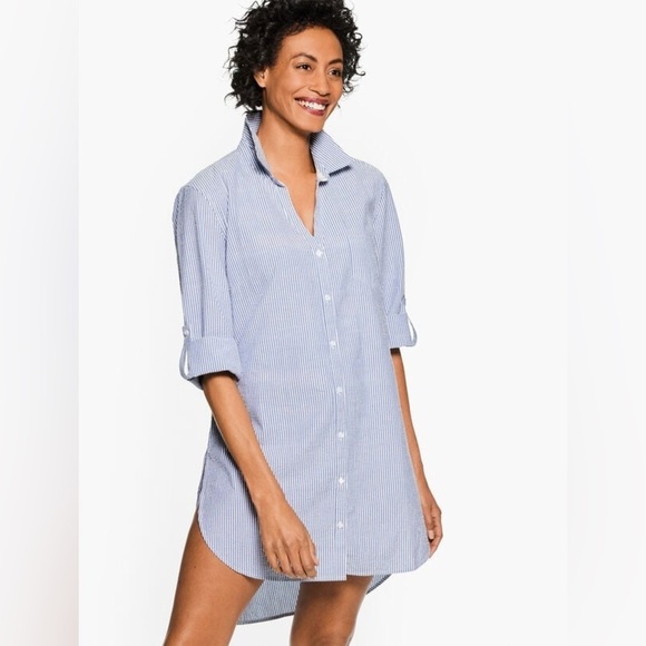 Talbots Miraclesuit Crinkle Gauze Seersucker Oversized Button Down Beach Shirt - Picture 2 of 10